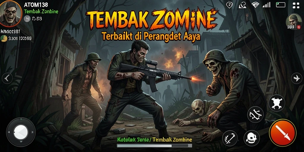 Antarmuka permainan ATOM138 dengan aksi tembak zombie yang intens.