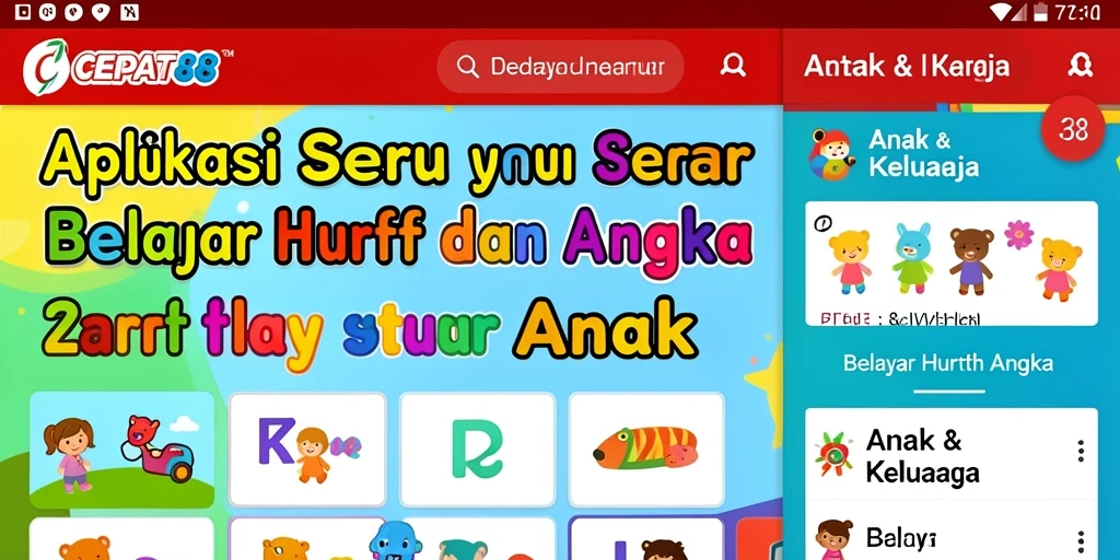 Screenshot utama CEPAT88 menunjukkan antarmuka belajar huruf dan angka yang interaktif.